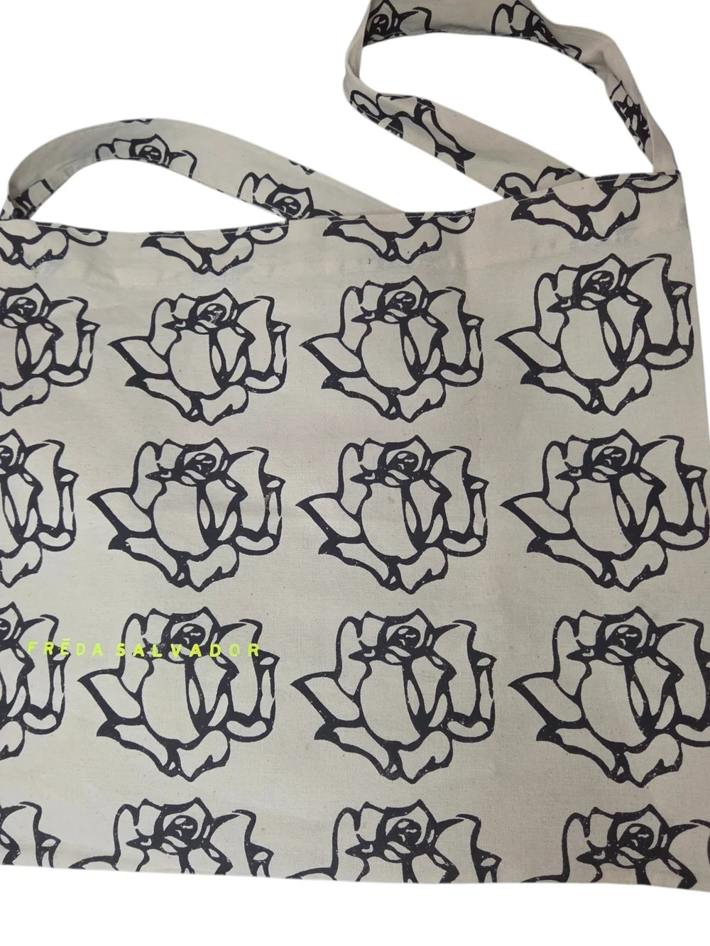 Freda Salvador Cream Canvas Tote with Black Rose Print